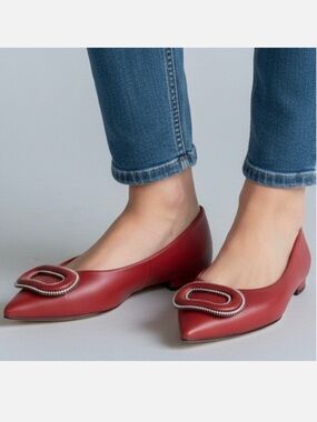 NEW C. Paravano Rust Red Pointed Toe Crystal Buckle Leather Lined Flats 7.5